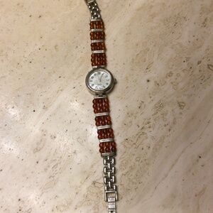 Ladies Quartz Watch Beaded Band With Amber Color Beads
